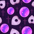 Ouija planchettes and crystal ball with galaxy motif, violet seamless pattern. Occult repetitive background about good energy and