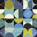 Seamless abstract geometric modern pattern. Retro bauhaus design of circles, squares and textures.