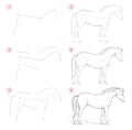 How to draw from nature sketch of standing horse. Creation step by step pencil drawing. Educational page for artists.