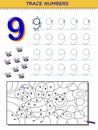 Educational page for kids with number 9. Printable worksheet for children textbook.