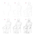 How to draw from nature sketch of sitting old man. Creation step by step pencil drawing. Educational page for artists.