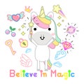 Cute magical unicorn and fairy elements collection and lettering quote believe in magic. Kawaii character design perfect for child