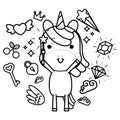 Cute magical unicorn and fairy elements collection. Black and white vector illustration Royalty Free Stock Photo