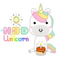 Cute magical unicorn with birthday cake and lettering HBD greeting card. Kawaii character design perfect for child card, t-shirt.