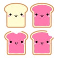 Cute cartoon toasts with jam. In kawaii style with smiling face and pink cheeks. The expression of emotions for design, art work,