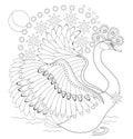 Black and white page for baby coloring book. Illustration of beautiful  fairy tale swan. Printable template for kids. Royalty Free Stock Photo