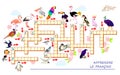 Crossword puzzle game with different birds. Learn French. Educational page for children to study French language and words. Printa