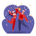 Couple of happy jumping and dancing people dressed in Santa Claus costumes and hats. Royalty Free Stock Photo