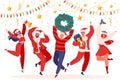 Young jumping and dancing people dressed in Santa Claus costumes and hats. New Year party celebration.