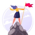 Flat cartoon businesswoman character hoisted flag on mountain top.