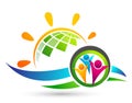 Globe save world People care hand taking care people save protect family care logo icon element vector desing