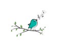 Singing bird silhouette on branch, vector. Colorful fun bird illustration. Cartoon.  Wall decals, wall artwork.  Poster design Royalty Free Stock Photo