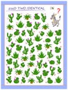 Help the donkey find 2 identical cactus. Logic puzzle game for children and adults. Printable page for kids brain teaser book.
