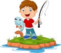Cartoon happy little boy fishing Royalty Free Stock Photo