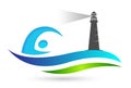 Swimming sea wave water lighthouse winning swimming logo team work celebration wellness icon vector designs on white background Royalty Free Stock Photo