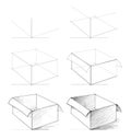 How to draw from nature sketch of realistic open box. Creation step by step pencil drawing. Educational page for artists.