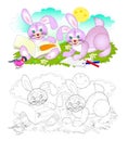 Colorful and black and white page for coloring book for kids. Illustration of two cute rabbits learning to read. Royalty Free Stock Photo