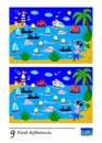 Find 9 differences. Illustration of sea bay, pirate and boats. Logic puzzle game for children and adults. Royalty Free Stock Photo