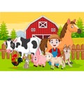 Cartoon farmer and farm animals in the barnyard