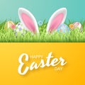 Happy Easter background with realistic painted eggs, grass, flowers and rabbit ears. Royalty Free Stock Photo
