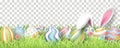 Happy Easter background with realistic painted eggs, grass, flowers, and rabbit ears.