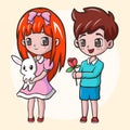 Romantic boy giving a flower to his girl Cute girl holding white rabbit Royalty Free Stock Photo