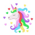 Cute pink unicorn head with rainbow mane and closed eyes