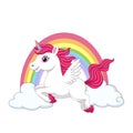 Cute little pony unicorn with wings on clouds and rainbow