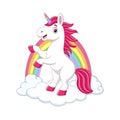 Cute little pony unicorn on clouds and rainbow Royalty Free Stock Photo