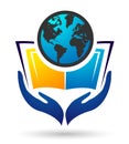 Globe world Education and book care hand holding book logo kids bright children school books kids icon