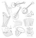 Set of different wind and stringed musical instruments. Black and white page for coloring book. Printable worksheet for children.