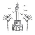 Vector illustration the Clock Tower in Izmir, Turkey. Famous Turkish landmark at the Konak square.