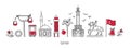 Vector illustration Symbols of Izmir, Turkey. Clock Tower, historic elevator, mosque, monument and other Turkish landmarks.