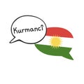 Translation: the Kurdish language. Vector illustration of two doodle speech bubbles with a national flag of Kurdistan and hand wri
