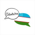 Translation: the Uzbek language. Vector illustration of two doodle speech bubbles with a national flag of Uzbekistan and hand writ