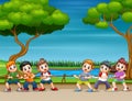 Cartoon childrens playing tug of war in the park