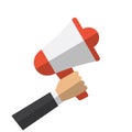 Megaphone holding hand flat colorful vector icon. Loudspeaker or bullhorn