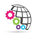 People gear globe team work gear wheels and care logo partnership education group work people diversity icon vector designs