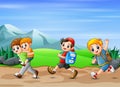 Scene of many boys runnning on the road Royalty Free Stock Photo