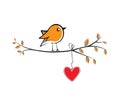 Bird silhouette on branch with red heart illustration hanging on, vector. Colorful bird illustration. Valentine greeting card Royalty Free Stock Photo