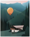 Illustration of a balloon in alps house morning sun light trees mountains