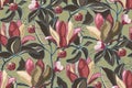 Art floral vector seamless pattern. Olive, pink, maroon flowers, berries, branches and leaves. Royalty Free Stock Photo