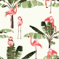 Pink flamingo and exotic banana tree, yellow background. Floral seamless pattern.