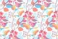 Art floral vector seamless pattern. Pink Mattiola incana, colorful branches, leaves