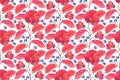 Art floral vector seamless pattern. Red mallows, branches, leaves, blue berries isolated on white background.