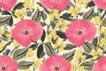 Art floral vector seamless pattern. Pink poppies, yellow flowers, green wriggling flowering bean stalks