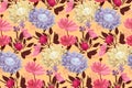 Art floral vector seamless pattern. Red, pink, purple, maroon flowers, brown leaves isolated on pale yellow background. Royalty Free Stock Photo