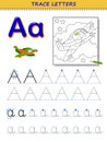 Tracing letter A for study alphabet. Printable worksheet for kids. Education page for coloring book.