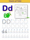 Tracing letter D for study alphabet. Printable worksheet for kids. Education page for coloring book.