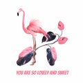 Exotic pink flamingo birds with leaves branch and motivational phrase. T-short print.